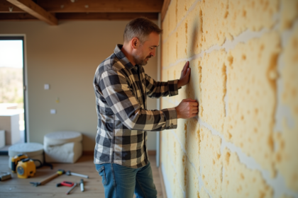 Homme appliquant de la laine mineral au mur intérieur