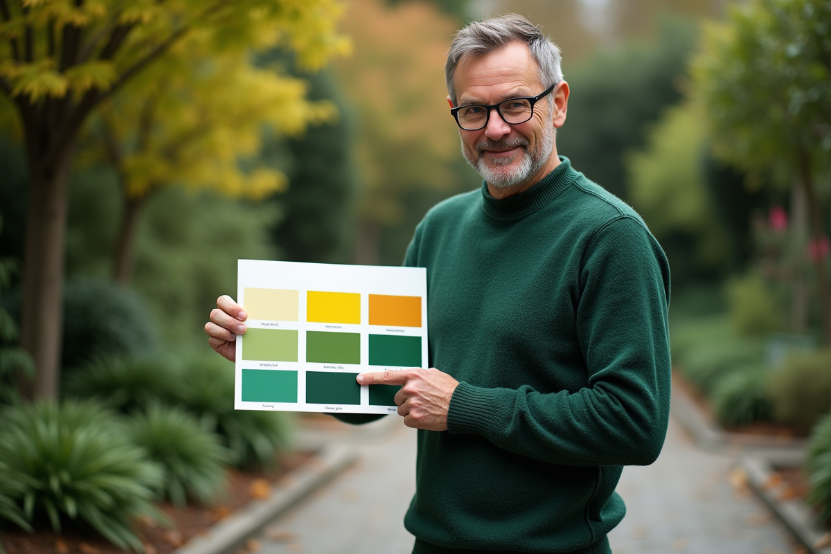Homme dans le jardin montrant un nuancier de couleurs