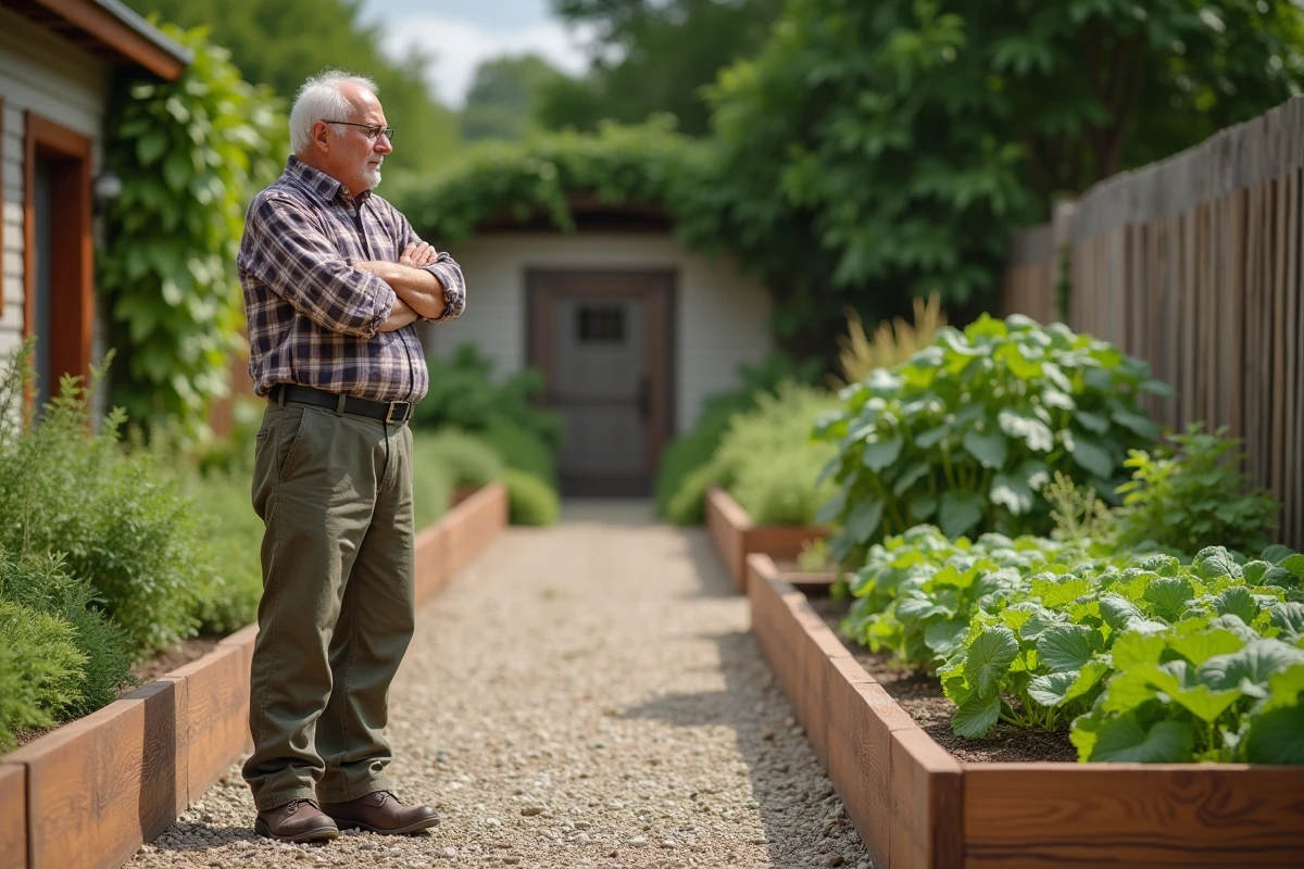 Homme âgé admirant une bordure en bois dans le jardin