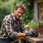 Homme d'âge moyen nettoyant une pelle rouillée dans le jardin