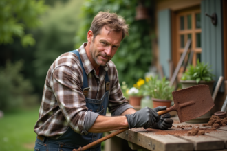 Homme d'âge moyen nettoyant une pelle rouillée dans le jardin