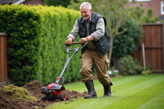 Homme en tenue de jardinage utilisant un scarificateur