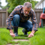 Homme d'âge moyen inspectant le gazon dans son jardin