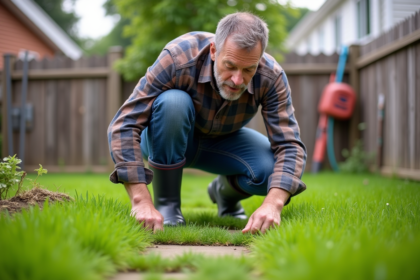 Homme d'âge moyen inspectant le gazon dans son jardin