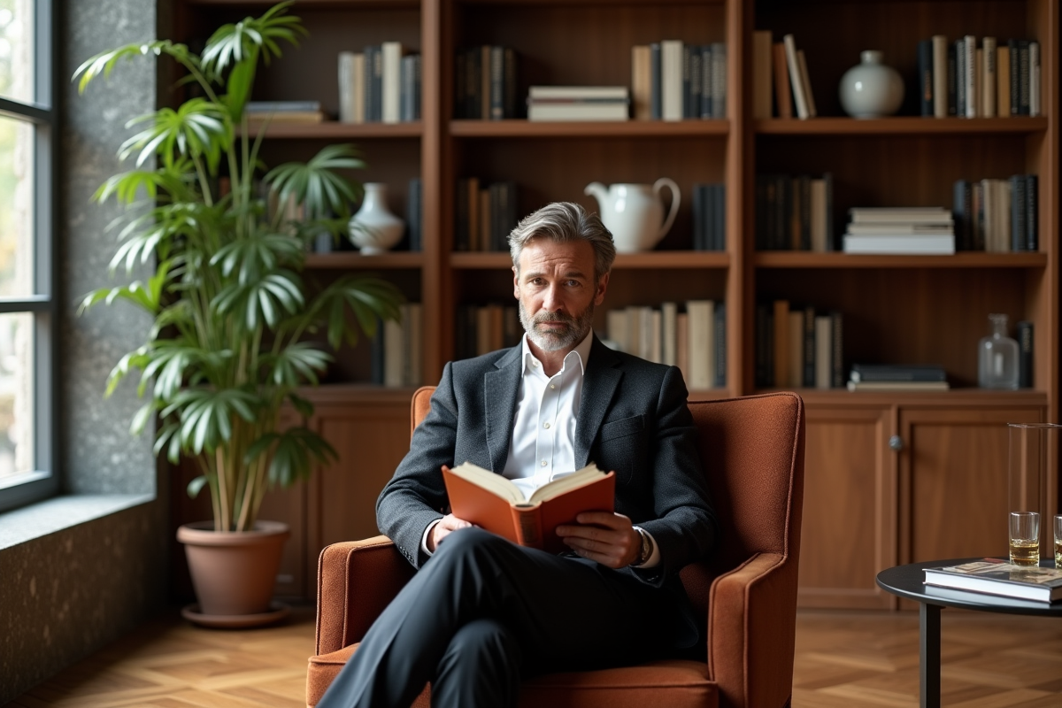 Homme détendu lisant dans un coin lecture avec bibliothèque et décoration