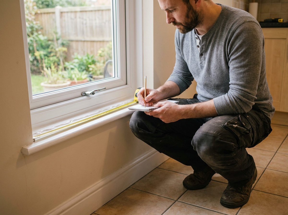 Homme mesurant une fenêtre PVC nouvellement installée dans une cuisine de maison individuelle
