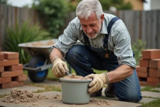 Homme en overalls mesurant du mortier en extérieur