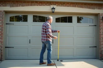 Homme mesurant un portail de garage moderne en extérieur