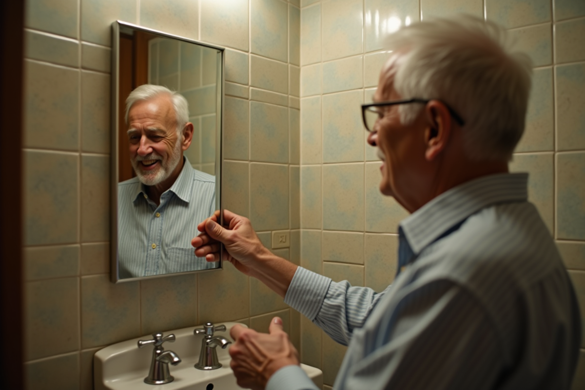 Homme ajustant un miroir rectangulaire dans une salle de bain classique