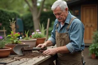 Homme en tenue de travail nettoie une pelle de jardin sale