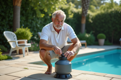 Homme en été nettoyant un filtre de piscine extérieur