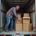 Homme en jeans et chemise à carreaux organise des cartons dans un camion