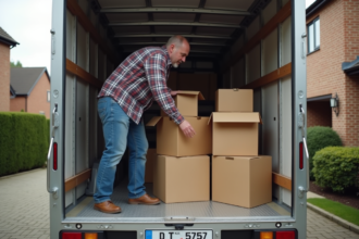 Homme en jeans et chemise à carreaux organise des cartons dans un camion