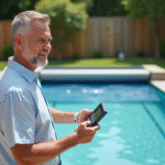 Homme d'âge moyen près d'une piscine moderne et sa couverture automatique