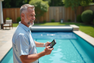 Homme d'âge moyen près d'une piscine moderne et sa couverture automatique