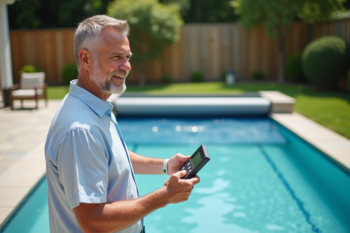 Homme d'âge moyen près d'une piscine moderne et sa couverture automatique