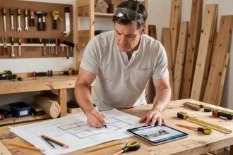 Homme consultant des plans de rénovation sur un établi en bois avec une tablette et des outils dans un atelier organisé