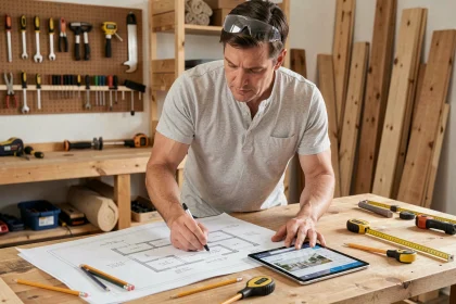 Homme consultant des plans de rénovation sur un établi en bois avec une tablette et des outils dans un atelier organisé