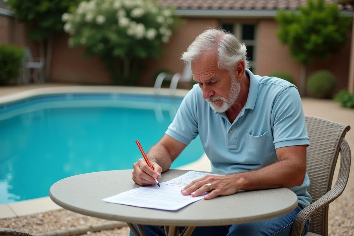 Homme assis à la table remplissant ses formulaires fiscaux près de la piscine