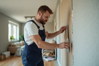 Homme en salopette appliquant du fiberglmesh sur un mur intérieur