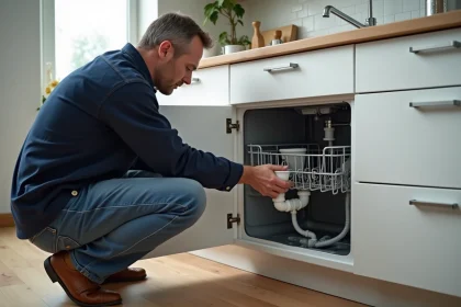 Homme d'âge moyen examine un tuyau sous l'évier de cuisine