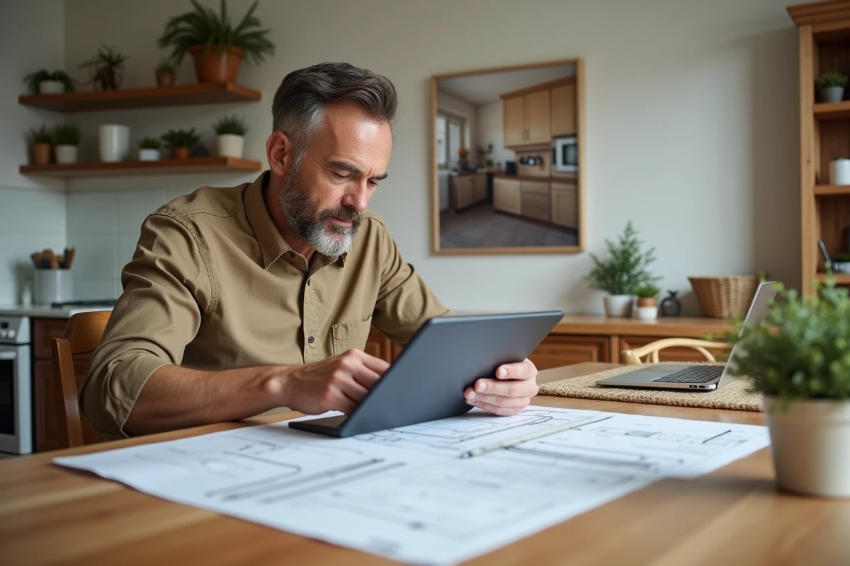 Homme vérifiant plans de rénovation avec tablette dans salle à manger