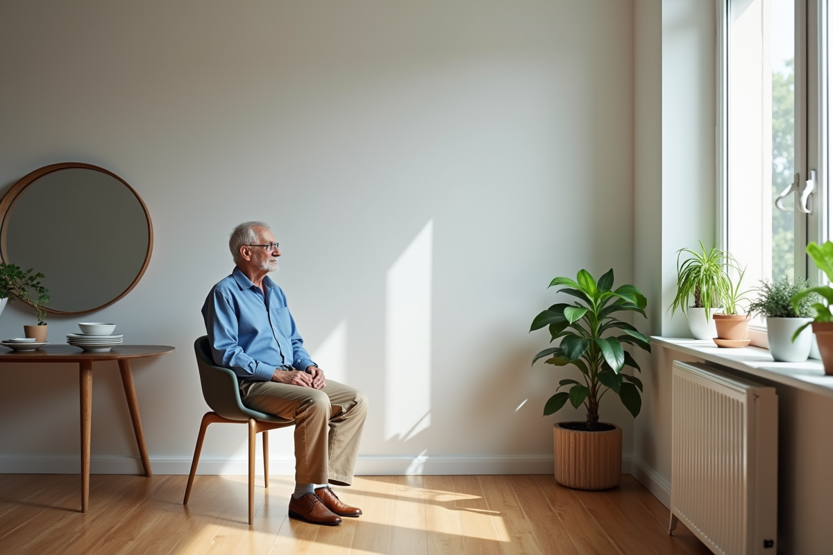 Homme âgé observant un mur gris dans une salle à manger lumineuse