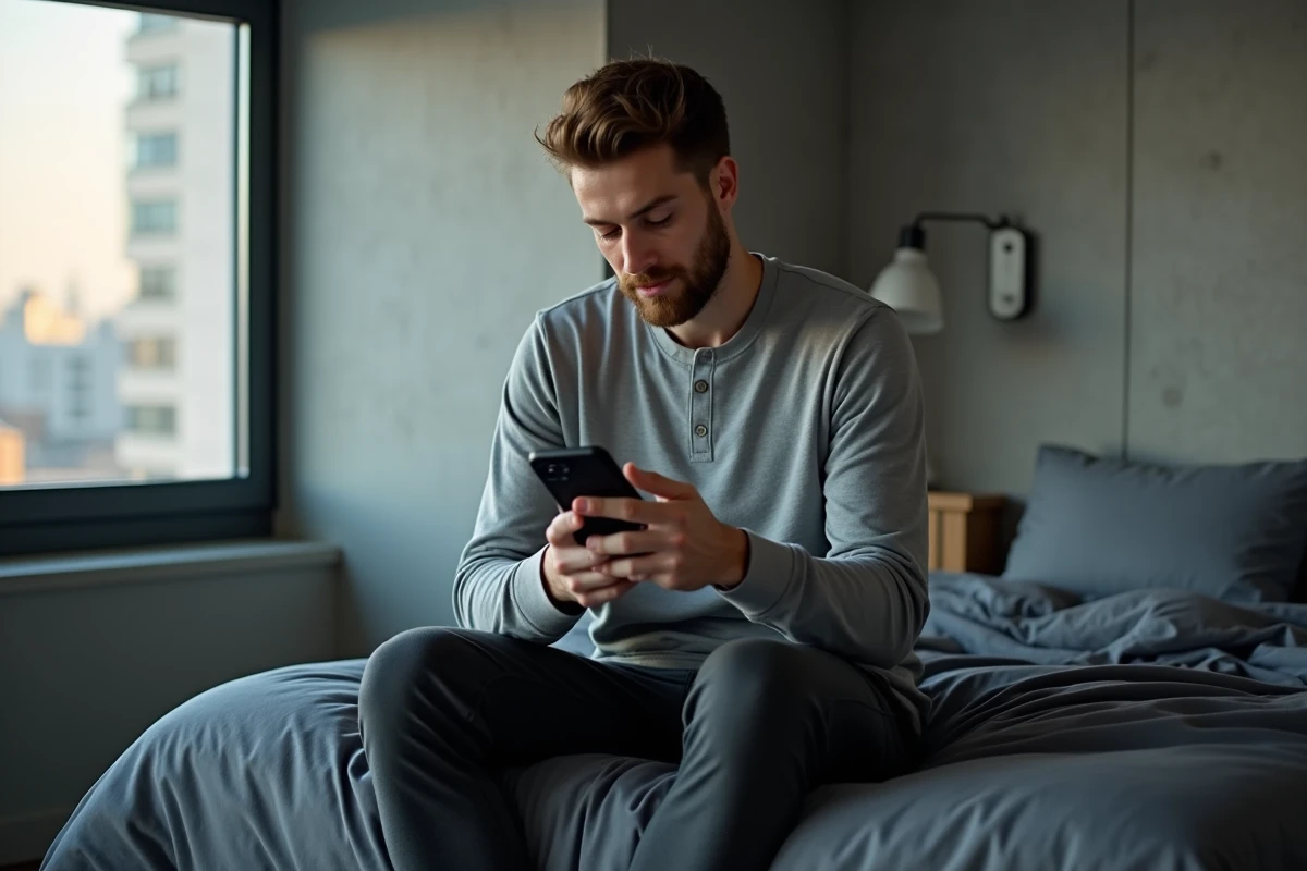 Homme consultant l'application alarme sur son smartphone au réveil dans une chambre urbaine moderne