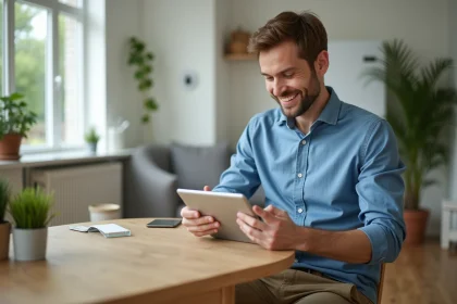 Homme d'âge moyen utilisant une tablette pour régler l'énergie domestique