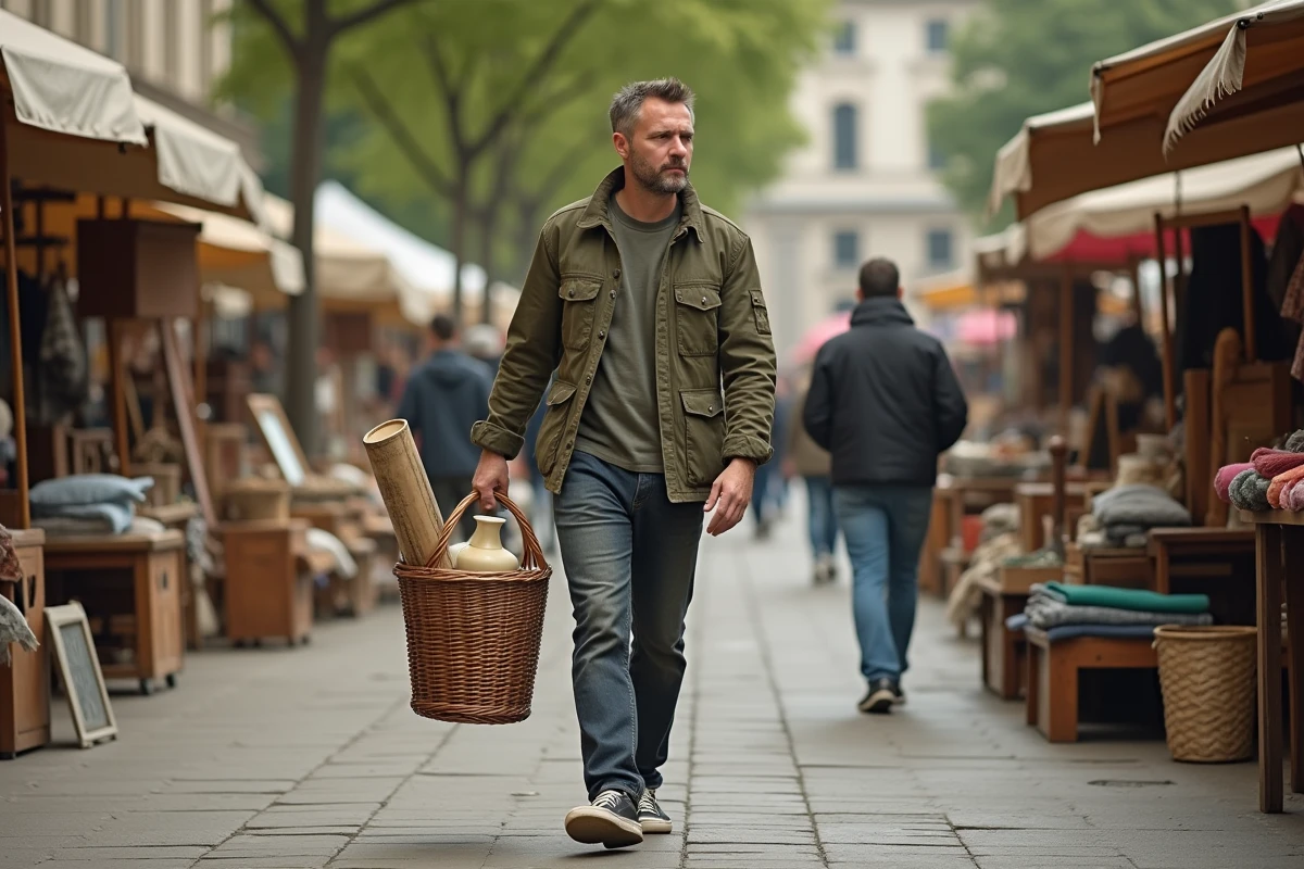 Homme rapportant ses trouvailles d'un vide-grenier dans le 92 avec un panier en osier