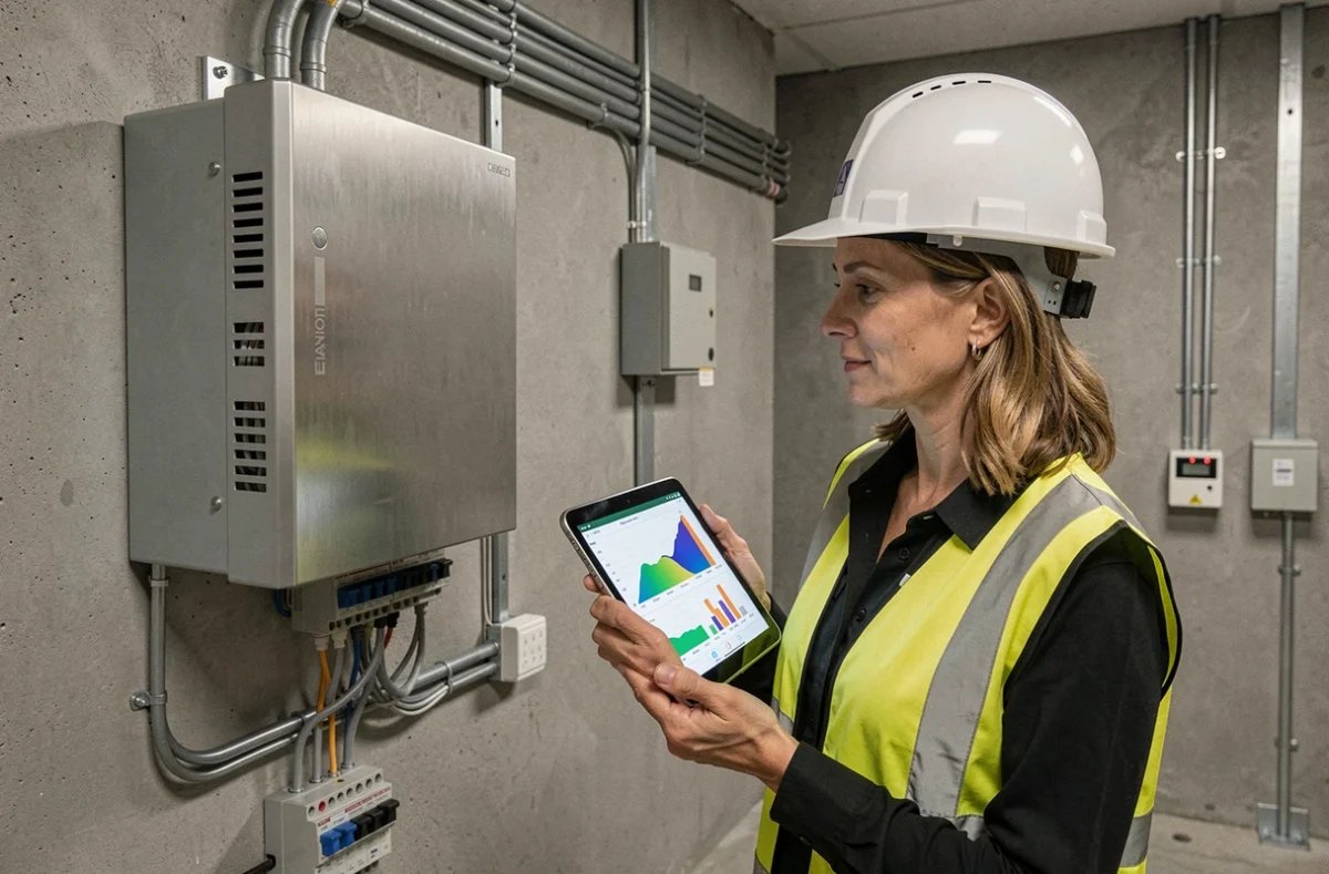 Ingénieure électricienne vérifiant un onduleur triphasé solaire dans une salle technique