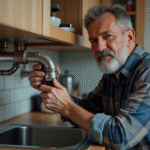 Homme inspectant un tuyau de cuisine rouille