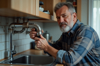 Homme inspectant un tuyau de cuisine rouille