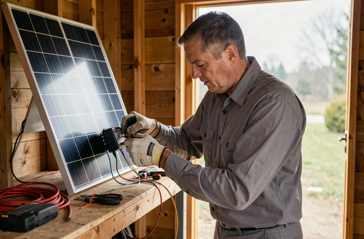 Technicien connectant un panneau solaire 12V 100W à un régulateur de charge dans un abri de jardin
