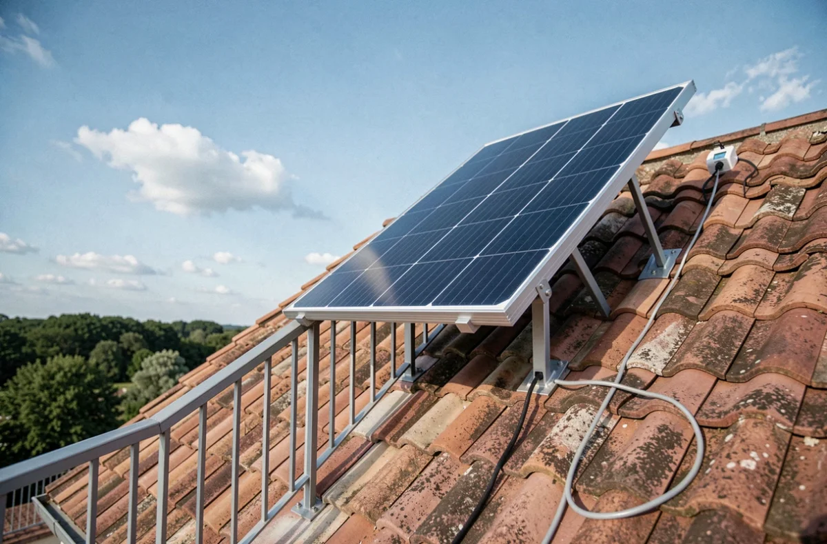 Panneau solaire plug and play installé sur une terrasse de maison individuelle relié à une prise électrique extérieure