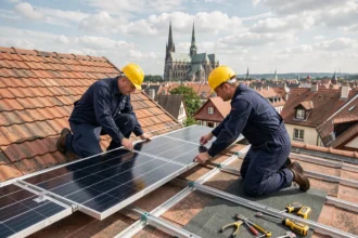 Techniciens installant des panneaux solaires sur un toit résidentiel à Strasbourg avec la cathédrale en arrière-plan
