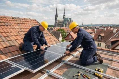 Techniciens installant des panneaux solaires sur un toit résidentiel à Strasbourg avec la cathédrale en arrière-plan