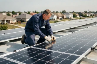 Électricien installant des panneaux solaires photovoltaïques sur un toit résidentiel pour l'autoconsommation
