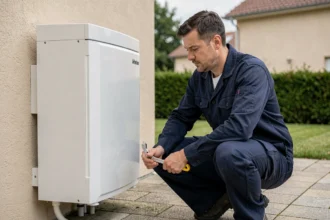 Technicien installant une pompe à chaleur Ariston sur la façade extérieure d'une maison individuelle