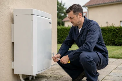 Technicien installant une pompe à chaleur Ariston sur la façade extérieure d'une maison individuelle