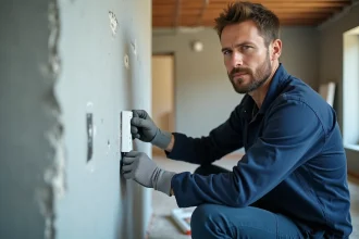 Électricien professionnel installant une prise de courant aux normes dans un mur en cours de rénovation