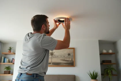 Homme installant un spot encastré dans un plafond blanc