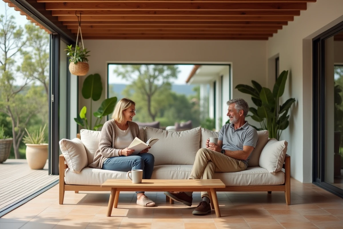 Couple profitant d'un salon lumineux aménagé dans une véranda avec sofa et plantes