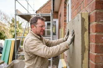 Ouvrier posant un panneau isolant composite sur une façade de maison en rénovation