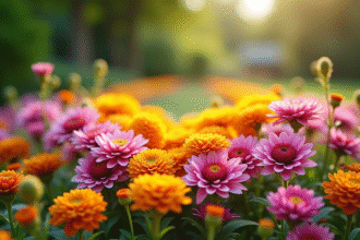 Jardin coloré avec arrangement en V de fleurs éclatantes