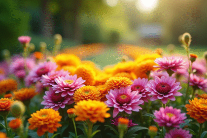 Jardin coloré avec arrangement en V de fleurs éclatantes