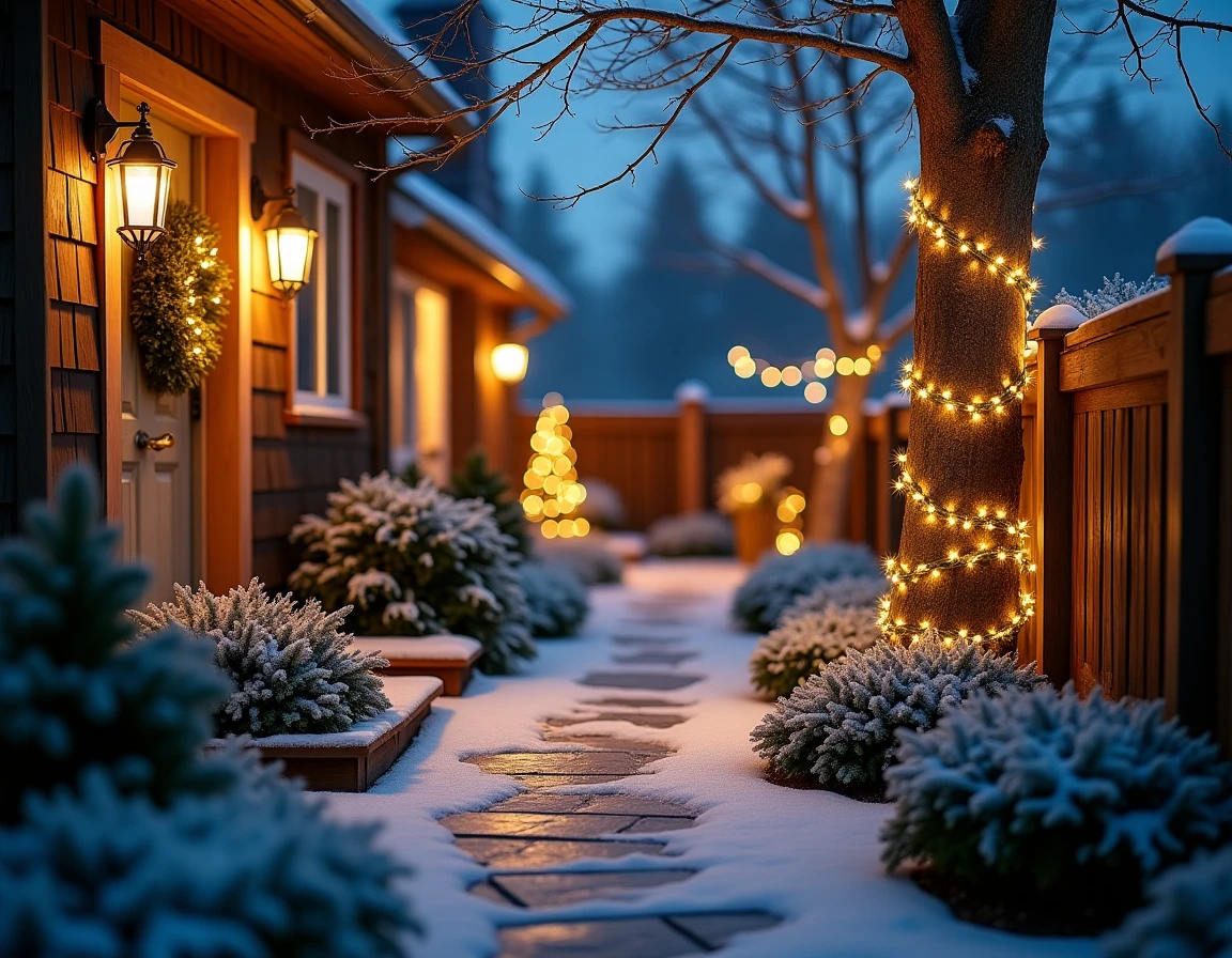 Jardin résidentiel en hiver décoré de guirlandes lumineuses blanc chaud sur arbustes, clôture et allée pour Noël