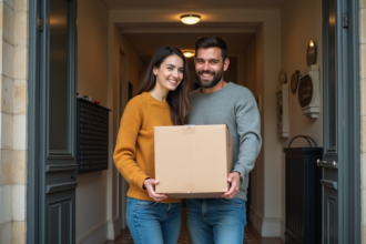Jeune couple parisien souriant avec carton dans l'entrée