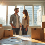 Jeune couple dans leur nouveau logement avec cartons et papiers