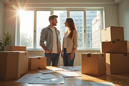 Jeune couple dans leur nouveau logement avec cartons et papiers